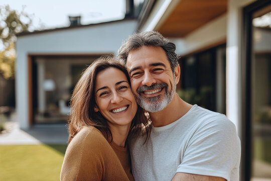  happy middle-aged couple hugging in front of a modern house, in the style of a real estate concept