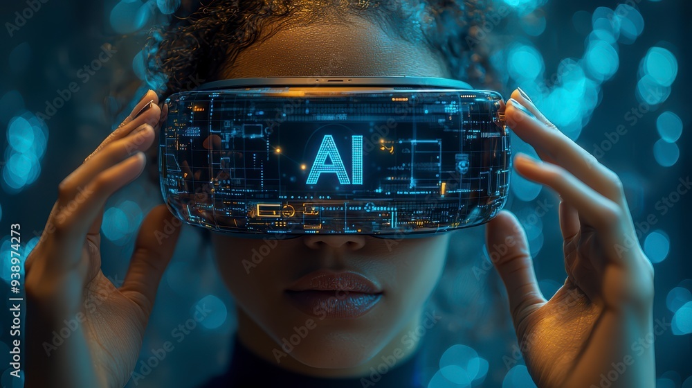 Poster a person in a vr headset interacts with ai and holograms, showing the use of technology in business
