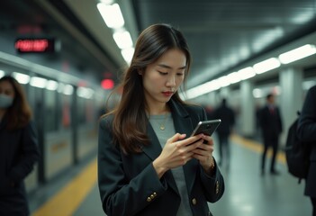 Fototapeta premium Young asian woman using smartphone in subway station, showcasing modern urban life and digital connectivity.