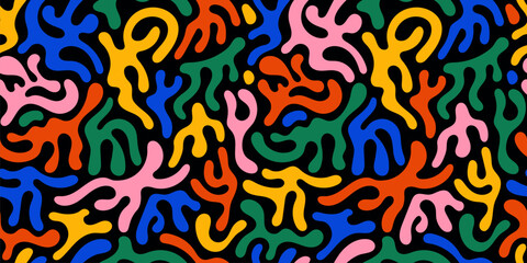 Fototapeta premium Abstract organic shapes. Seamless pattern with colorful geometric doodles. Abstract Liquid shapes in retro style. Flat cartoon background, simple random shapes in bright childish colors. Vector