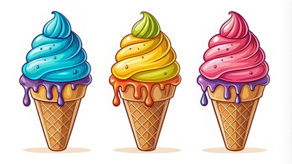 Stylized frozen treat icon in bold editable strokes, featuring a colorful icy cream cone with a scoop and a few drips, isolated on white background.