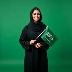 Saudi man holding Saudi Arabia flag isolated on dark background, celebration saudi national day or flag day, foundation day.