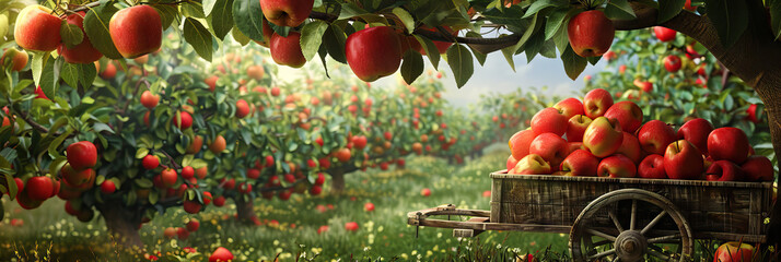 Apple Orchard Bounty: A bountiful apple orchard, with ripe fruit hanging from branches and a rustic wooden cart filled with freshly picked apples.
