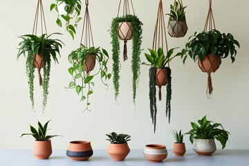 Handcrafted Vessels with Hanging Indoor Plants on Minimalist Background