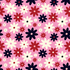 Fototapeta premium Creative bright pink vibrant quirky expressive floral pattern in 60s in bright juicy colors