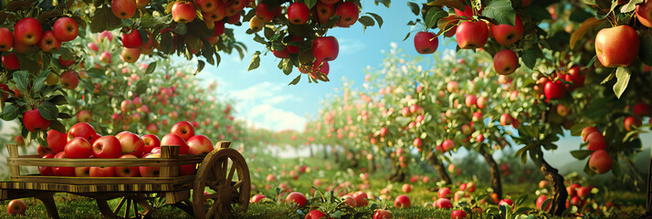Obraz premium Apple Orchard Bounty: A bountiful apple orchard, with ripe fruit hanging from branches and a rustic wooden cart filled with freshly picked apples.