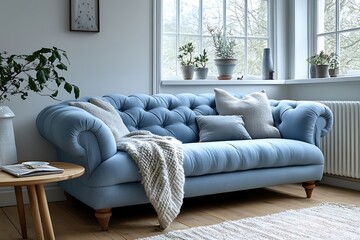 Blue Sofa with Throw Blanket in Living Room with Window and Plants