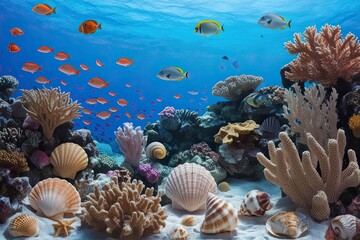 Naklejka premium Exploring the Vibrant Underwater Ecosystem of Corals Fish and Seashells