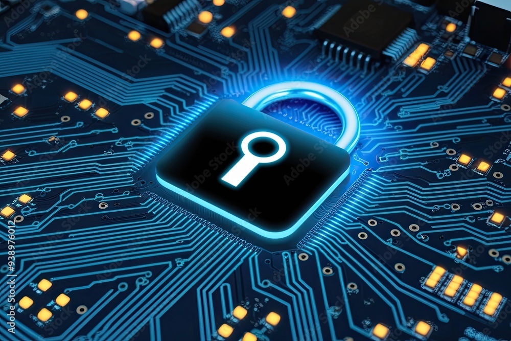 Poster glowing blue digital key on circuit board background representing secure cyber technology
