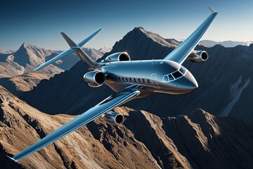 Fototapeta premium Sleek Grey Business Jet Soaring Over Majestic Mountains in Impressive 3D Visualization