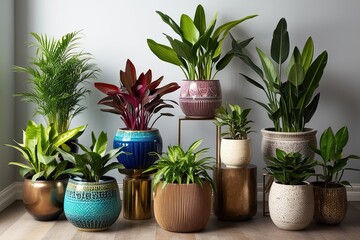 Fototapeta premium Diverse Collection of Colorful Indoor Plants in Stylish Planters for Sophisticated Home Decor
