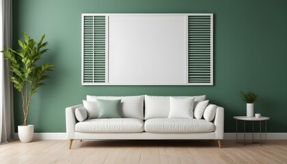 Interior mockup In a white room a blue sofa is placed next to a photo frame on the wall