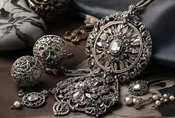 Fototapeta premium Antique and vintage tribal jewelry with stones on textured background 