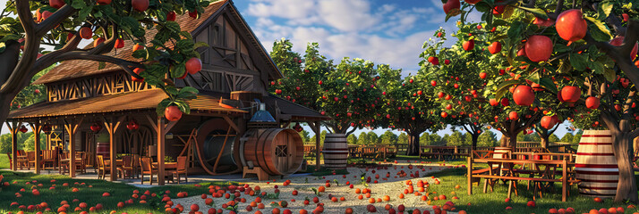Cozy Cider Mill: An idyllic cider mill surrounded by apple trees, with a large press for making fresh cider and outdoor seating areas.