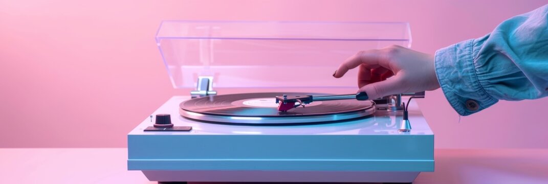 An evocative image of a hand placing the needle on a vinyl record player, set against a pink gradient background, evoking nostalgia.