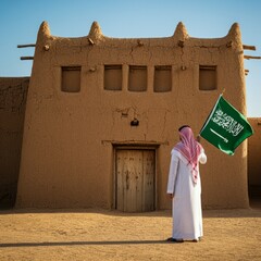 Saudi man holding Saudi Arabia flag on front of buildings, celebration saudi national day or flag day, foundation day.