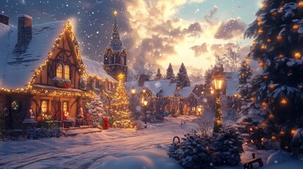 A Snowy Christmas Village with Festive Lights