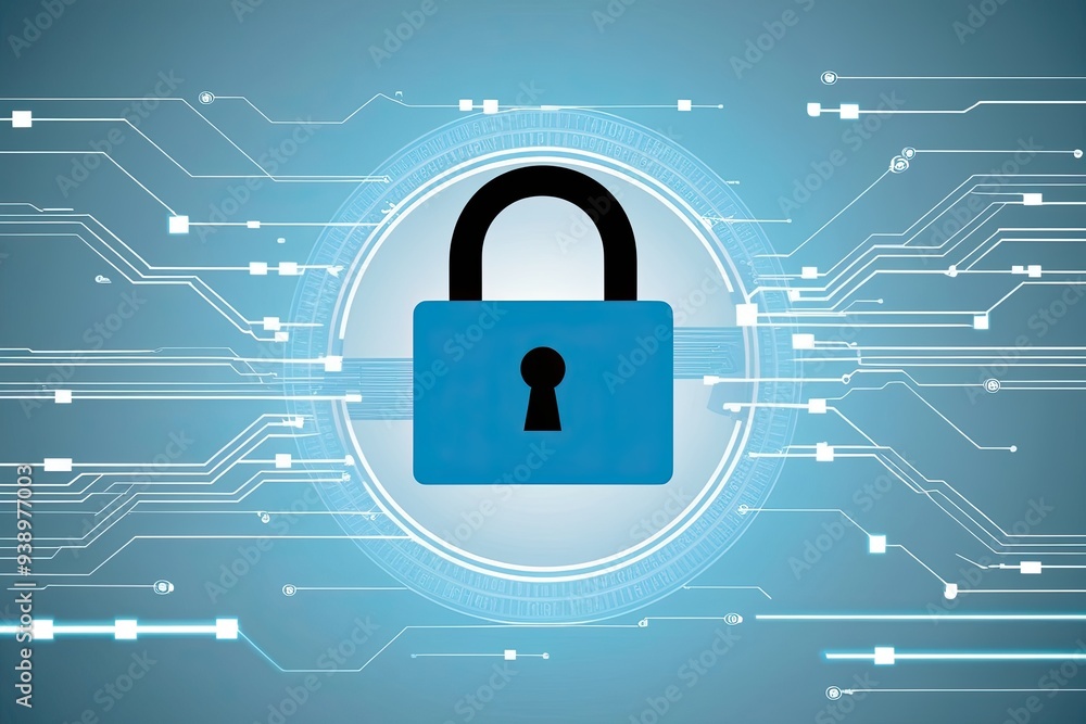 Poster innovative cyber security design featuring padlock icon and dynamic data network on light blue backg