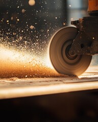 A close-up view of a circular saw cutting through wood, creating sawdust, in a workshop illuminated by warm afternoon light