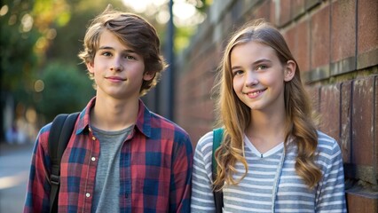 Fototapeta premium Two casual teenagers, one boy and one girl, stand side by side, eyes gazing off to the right with subtle smiles on their faces.