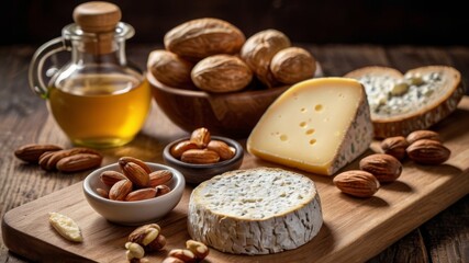 Fototapeta premium Appetizing cheese plate with fruits and nuts on a wooden board with honey