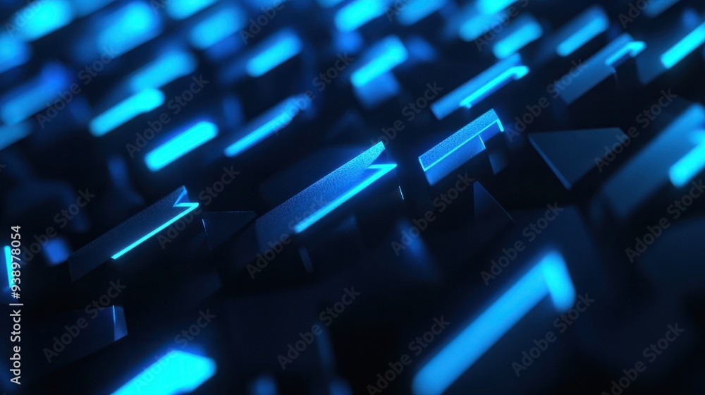 Poster abstract background with blue glowing arrows pointing upwards, representing growth and progress in t