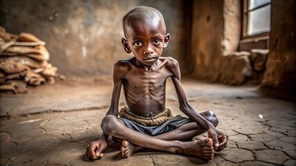 Undernourished child's frail body with visible ribs and sunken eyes, sitting solitary on a barren floor, conveying the devastating effects of severe malnutrition.