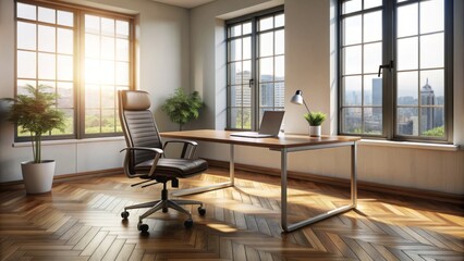Fototapeta premium Unoccupied Desk With Rolling Chair Under Its Surface In A Well-Lit Room With Wooden Floors.