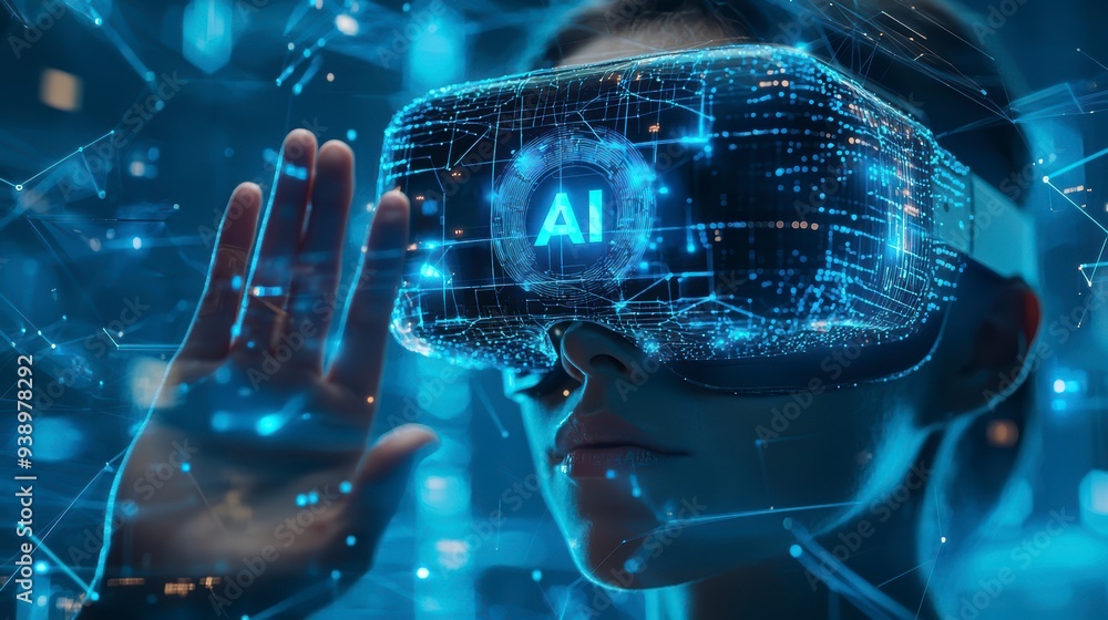 Poster a person in a vr headset interacts with ai and holograms, showing the use of technology in business