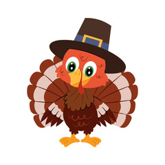 Happy Thanksgiving Day. Funny Thanksgiving Turkey bird cartoon character. Thanksgiving symbol. Vector illustration on white background.