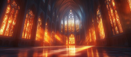 Obraz premium Golden Light Streaming Through Stained Glass Windows in a Grand Cathedral