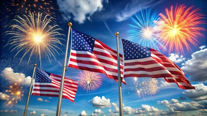Obraz premium Vibrant American flags wave proudly against a bright blue sky with bursts of colorful fireworks and confetti, capturing the joy and excitement of Independence Day.