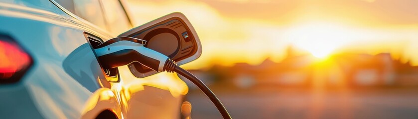 An electric vehicle charging at sunset, showcasing eco-friendly technology and sustainable energy solutions in modern transportation.