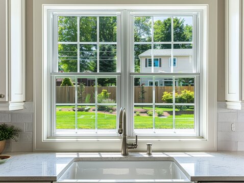 Fototapeta View from the kitchen window through white double-hung vinyl windows to a manicured yard in an upscale neighborhood. The windows are the focal point, but the kitchen around them is clean, modern, and 