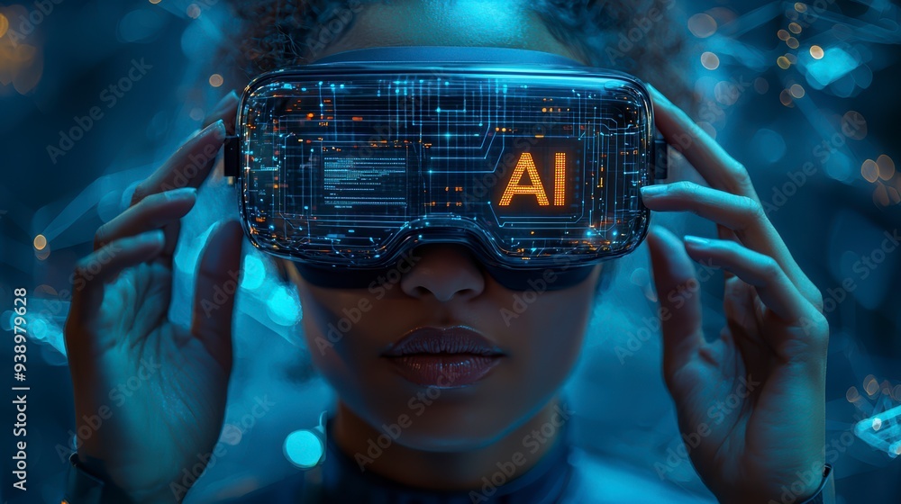 Poster a person in a vr headset interacts with ai and holograms, showing the use of technology in business