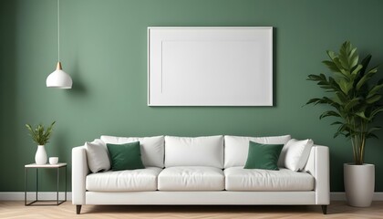 Interior mockup In a white room a blue sofa is placed next to a photo frame on the wall