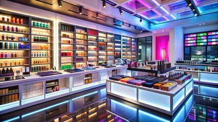 Vibrant beauty store interior with rows of colorful makeup products, skincare, and fragrances on shelves, illuminated by modern LED lighting and glass displays.