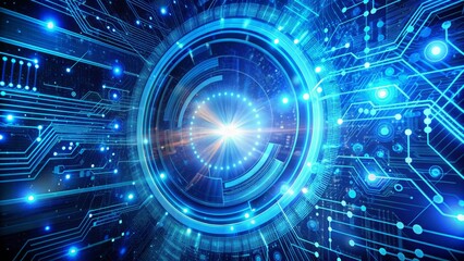 Vibrant blue digital background filled with swirling patterns of 0s and 1s, circuit boards, and glowing data streams, representing futuristic technology and innovation.