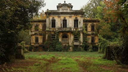 Fototapeta premium An old, neglected mansion is enveloped by thick greenery and fall foliage, showcasing its weathered beauty