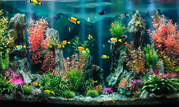 A colorful tropical fish tank with rocks, plants, and a variety of fish swimming.