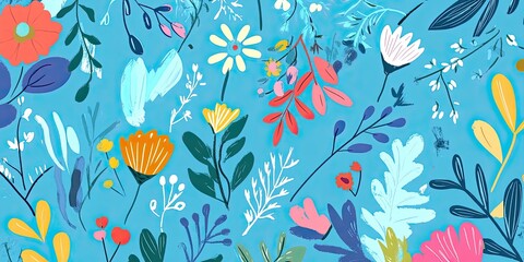 Vibrant Floral Pattern on Blue Background
