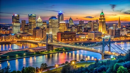Obraz premium Vibrant cityscape of Cincinnati's skyline at dusk, featuring brightly lit skyscrapers, bridges, and stadiums set against a deep blue night sky with twinkling stars.