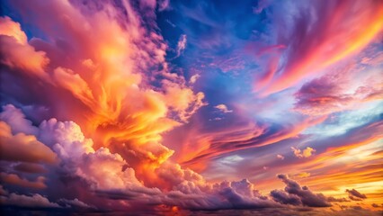 Fototapeta premium Vibrant clouds of pink, orange, and purple hues swirl together in a whimsical, dreamy atmosphere, bathed in soft, warm light, against a clear blue sky.