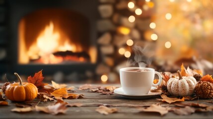 Cozy Autumn Vibes - Fireplace, Hot Chocolate, and Pumpkin Decorations Isolated on Solid Background for Seasonal Promotions