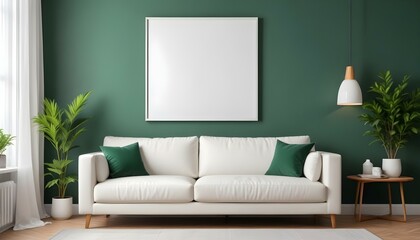 Interior mockup In a white room a blue sofa is placed next to a photo frame on the wall