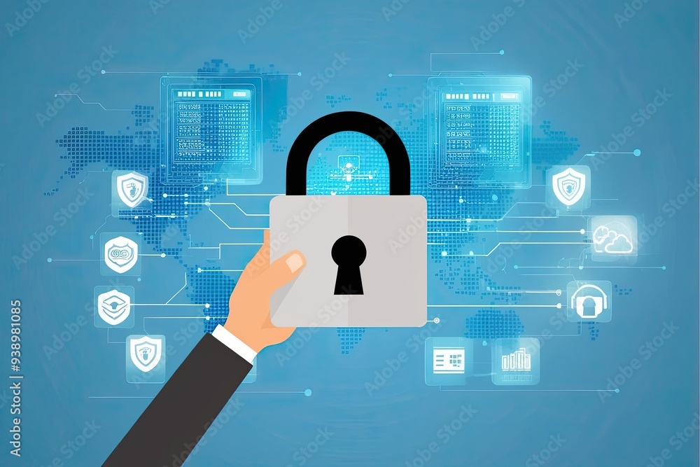 Poster cyber security concept featuring padlock icon and dynamic network data on light blue background