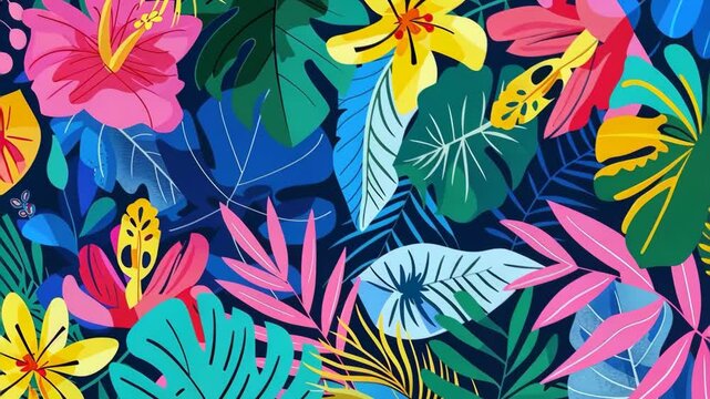 Abstract tropical pattern with exotic flowers and leaves vibrant colors.