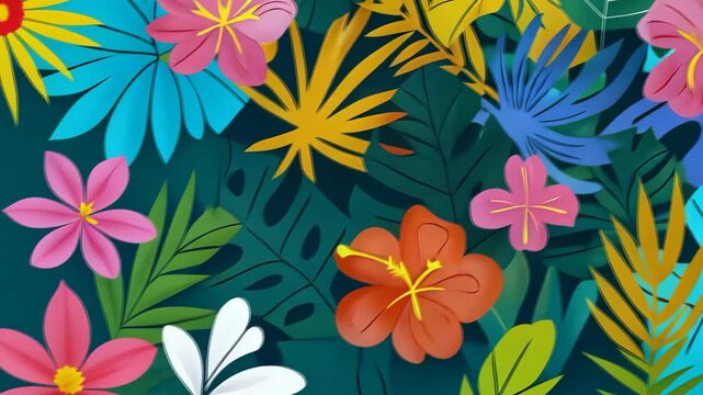 Abstract tropical pattern with exotic flowers and leaves vibrant colors.