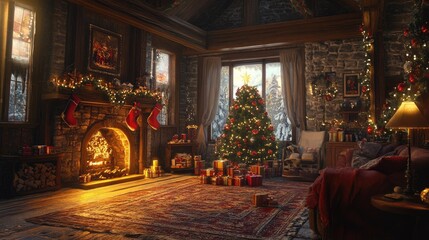 Cozy Christmas Cabin with a Decorated Tree and Fireplace