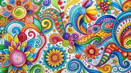 Vibrant colorful marker drawings of abstract shapes, swirls, and patterns scattered across a white background, creating a fun and playful artistic composition.